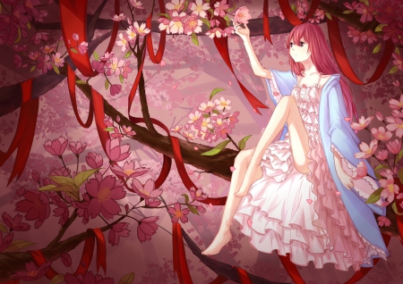 Cherry Blossom - woman, beauty, female, white, art, pretty, anime, ribbon, tree, cute, lady, girl, long hair, cherry, lovely, red, beautiful, pink, blossom, sweet, flowers, coat