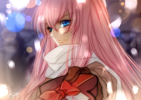 Vocaloid - pretty, anime, heart, female, light, pink, long hair, chocolates, rain, art, beautiful, girl, drops, beauty, lovely, love, sweet, lady, lights, woman, valentine