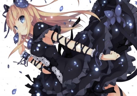 Sweet dark Girl - pretty, anime, dress, blonde, long hair, art, sparkle, beautiful, girl, beauty, lovely, womanlady, glow, black, lady, woman, butterfly, cute