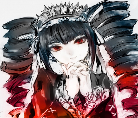 Dangan Ronpa - woman, beauty, female, black, white, red eyes, art, grey, pretty, anime, cute, lady, girl, long hair, lovely, red, beautiful, sweet, maid, lolita, dress