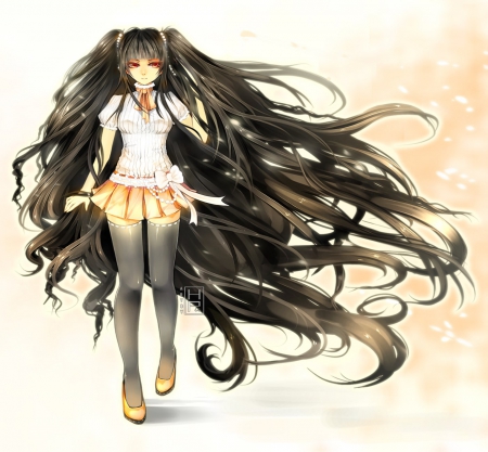 Lovely Girl - pretty, anime, yellow, female, pink, long hair, art, skirt, beautiful, girl, beauty, lovely, sweet, sock, shoes, black, white, shirt, lady, woman, cute