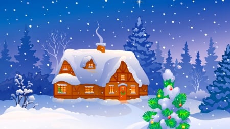 Christmas serenity - lights, happy, beautiful, quiet, cottage, frost, christmas, merry, tree, new year, cold, winter, pretty, snowflakes, serenity, decoration, sky, calmness, nice, lovely, snowfall, house, snow