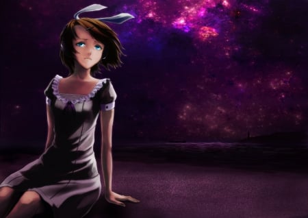 Rin Kagamine - anime, vocaloid, water, dress, night, brown hair, short hair, headphones, rin kagamine, sky, blue eyes