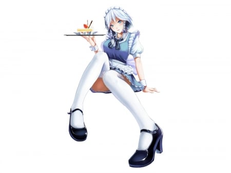 Who Wants Dessert? - anime, food, maid, white hair, izayoi sakuya, braids, touhou, cake, headdress, blue eyes