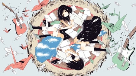 The Nest - girls, guitars, instruments, feathers, black hair, nest, paper, books, anime, friends, skirts, birds, black eyes