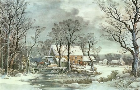 The Mill In Winter - river, ice, mill, snow, ox