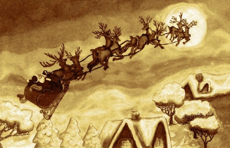 On His Way - christmas, moon, santa, reindeer