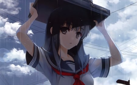 Compassion - Cute, Season, Sweet, Rain Drops, Artworks, Gloomy, Clouds, Compassion, Rainy, Lovely, Anime, White, Wires, School girl, Seifuku, Uniform, Misaki Kurehito Mangaka, Cloudy, Sky, Red Tie, Pity, Bag, Raining, Beautiful, Umbrella, Girl, Short Black Hair, Brown Eyes, Confused