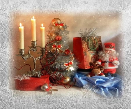 Merry Christmas for my friend Lena                 (Applebloom ) - gifts, blue, fir, holidays, Merry, joy, decorations, candles, Christmas, abstract, winter, globes, beautiful, photography, boxes, Santa, still life, silver, arrangement