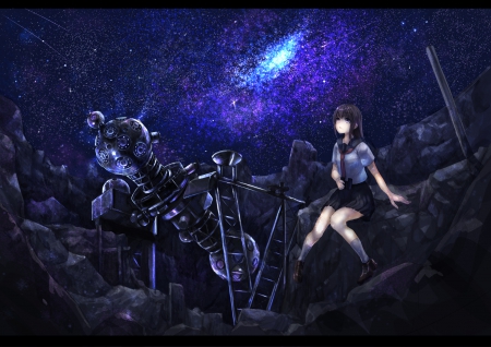 âœ®~|Night View|~âœ® - night view, scenery, uniform, wonderful, solar system, anime, red tie, galaxy, school uniform, lovely, black hair, starry night, futuristic, cute, starry, beautiful, amazing, girl, stars, seifuku, observing, white socks, black shoes, telescope, sweet, black eyes, night, sitting, sky, milky way, long hair, school girl, koruse artworks