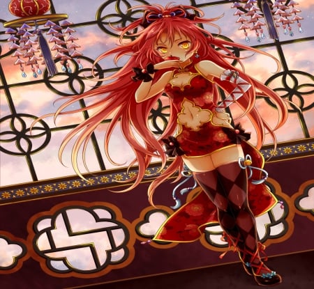 Madoka Magica - pretty, anime, female, window, pink, long hair, red, ribbon, art, skirt, beautiful, girl, beauty, lovely, sweet, top, afternoon, black, sunset, lady, woman, cute