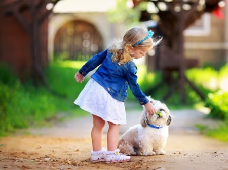 Good friends for Triangiel - abstract, people, photography, small, girl, dog, lovely, flower, animal, blond, cute, friends, wallpaper