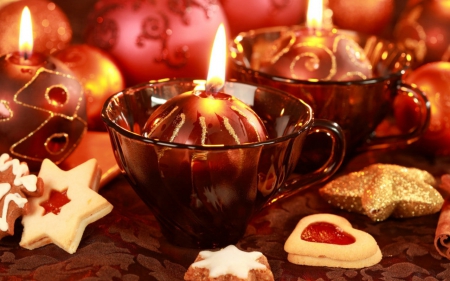 Happy Holiday - biscuits, balls, food, candles, Christmas