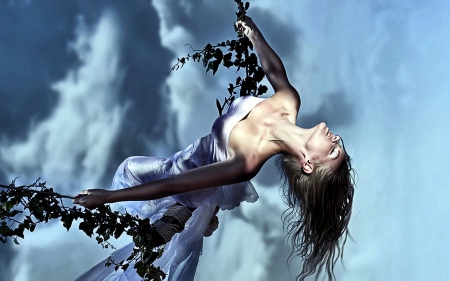 High in the Clouds - digital, fantasy, beautiful, swing, girl, woman, blue, art