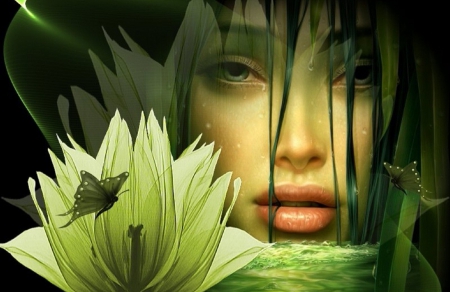 Lotus Girl - lotus, beautiful, girl, beauty, lovely, fantasy, green, digital, woman, face, fine, art