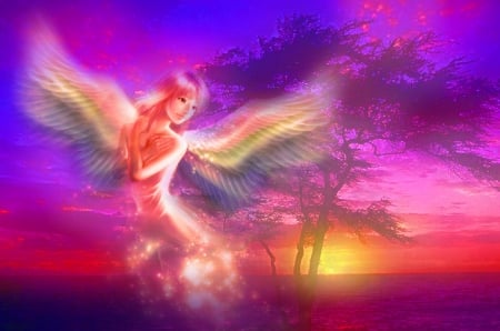 Angel of Dawn - female, beautiful, serene, girl, beauty, angel, lovely, dawn, colorful, fantasy, digital, woman, art