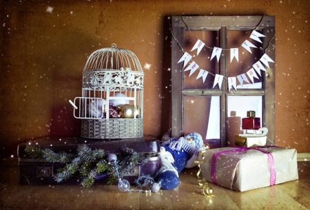 Merry Christmas - cage, xmas, merry christmas, gift, magic christmas, still life, christmas