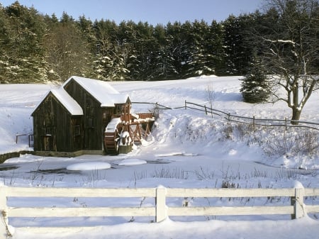 Grist Mill in Winter - trees, nature, landscape, snow, forest