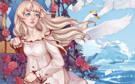 The wild swans - swans, girl, rose, bird, white, pink, wild, blue, anime, flower, dong xiao, manga