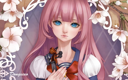 Violinist - art, girl, pink, blue eyes, violinist, flower, dong xiao, manga