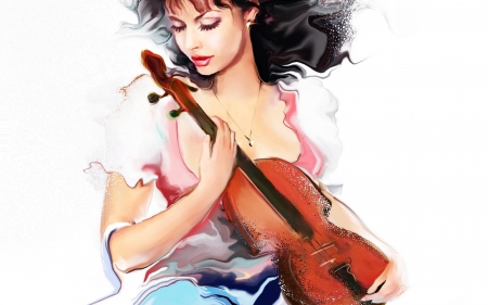 Violinist - blue, violin, tatiana nikitina, pink, music, white, red, painting, art, violinist