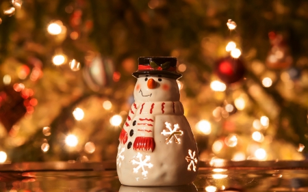 Snowman - snowman, yellow, decoration, ornament, orange, christmas, white, red, lights, glitter