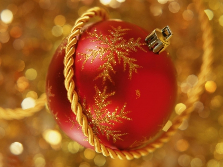 Red Globe - ornament, red, golden, ball, christmas, lights