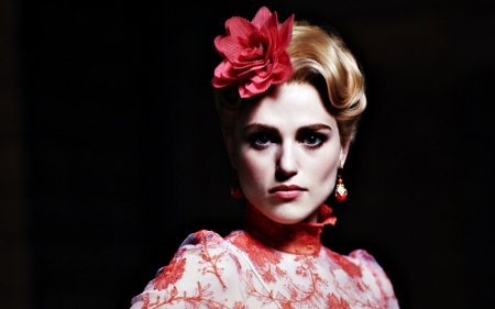 Katie McGrath as Lucy Westenra - hat, Lucy Westenra, tv series, blonde, Katie McGrath, flower, pink, actress, vampire, black, woman, dracula