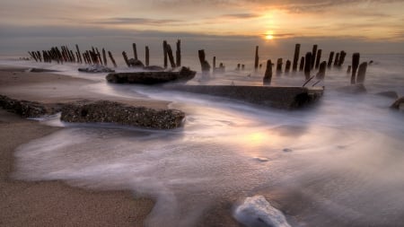 broken pier on a beach at sunset - sunset, beach, broken, sea, pier