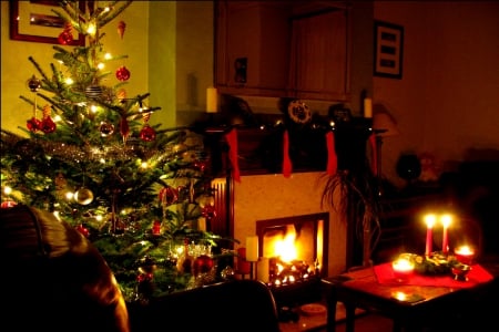 WARM CHRISTMAS NIGHT - fire, decoration, fire place, trees, night, christmas