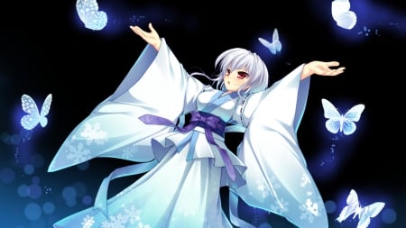 Anime girl - pretty, anime, butterflies, girl, kimono, nigth