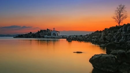 beautiful chapel on a rocky shore - chapel, sunset, shore, sea, rocks