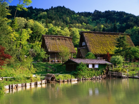 Japanese Farm House - nature, lake, farm, japan, forest, japanese, house