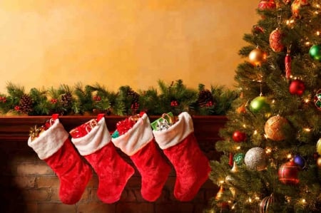 Christmas Stockings - fireplace, stockings, christmas, white, abstract, evergreen, red, green, tree, ornaments