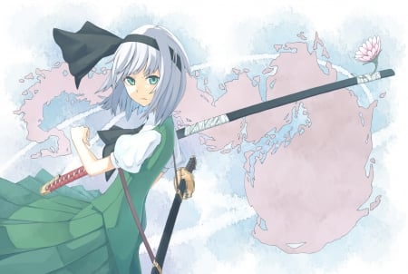 Konpaku Youmu - anime, dress, sword, weapons, green eyes, flower, touhou, gray hair, konpaku youmu