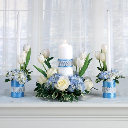 Still life - flowers, candles, blue, soft