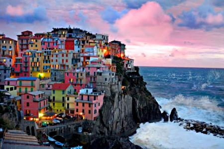 Seaside Cliff 2598x1729 - italy, cliff, landscape, seaside, ocean, rainbow, houses, clouds, colors, colorful