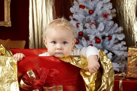 Christmas Angel!♥ - christmas tree, present, blonde, adorable, baby, sweet