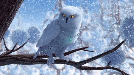 Secret of the Wings (2012) - bird, branch, winter, snowflakes, blue, snow, owl, secret of the wings, white, movie, disney