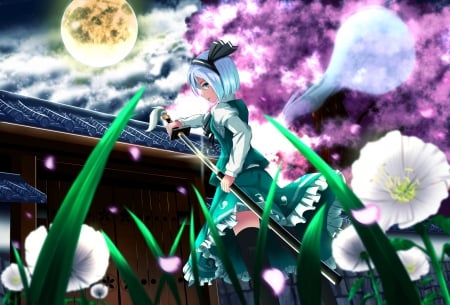 Touhou - anime, female, dress, grass, night, flowers, aqua, short hair, purple, souls, ribbon, art, sky, clouds, moon, girl, sword, beauty, lovely, sweet, petals, tree, black, white, lady, green, woman, cute