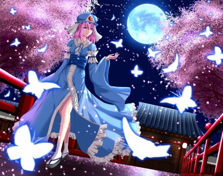 Touhou - pretty, anime, female, blue, butterflies, dress, night, pink, stars, short hair, cherry trees, red, art, sky, moon, sparkle, beautiful, girl, beauty, lovely, sweet, fence, glow, black, white, lady, woman, cute