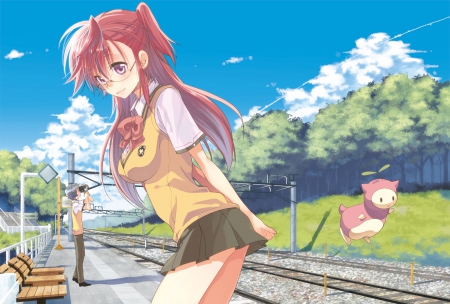 After School - pretty, anime, summer, female, school, guy, grass, man, long hair, uniform, boy, male, art, sky, clouds, rails, tress, girl, lovely, sweet, lady, cute