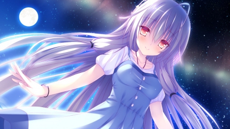 Amatarasu Riddle Star - pretty, anime, female, blue, dress, night, pink, long hair, stars, purple, ribbon, moon, beautiful, girl, beauty, sweet, lady, woman, cute