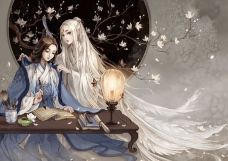 Visit of Angel - pretty, anime, blue, dress, long hair, flowers, art, ladies, beautiful, girl, table, letter, beauty, angek, lovely, sweet, lantern, black, grey, white, wings, cute, feathers