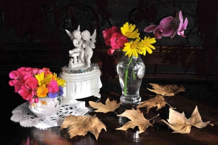 Still life - angels, flowers, leaves, love, still life, autumn, colorful