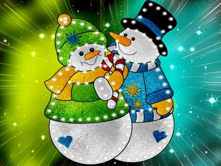 Snowmen family - joy, beautiful, snowmen, christmas, smiling, background, fun, hearts, winter, love, holiday, family, friends, lovely, snowflakles, snowfall, snow, hugs