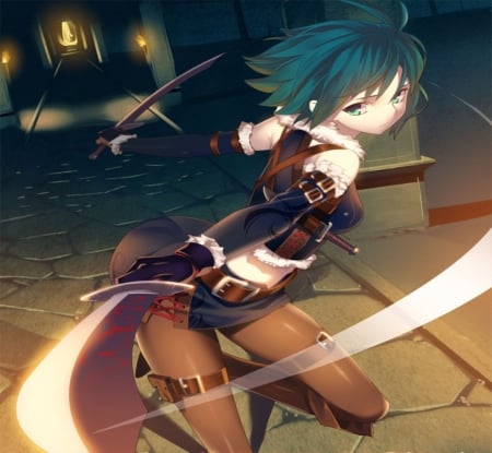 Fighter - woman, beauty, rude, female, black, purple, art, pretty, green, anime, sword, cute, short hair, lady, girl, night, lovely, fight, beautiful, sweet