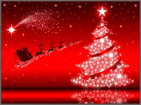 Christmas on the way - sleigh, red, Santa, Christmas, tree