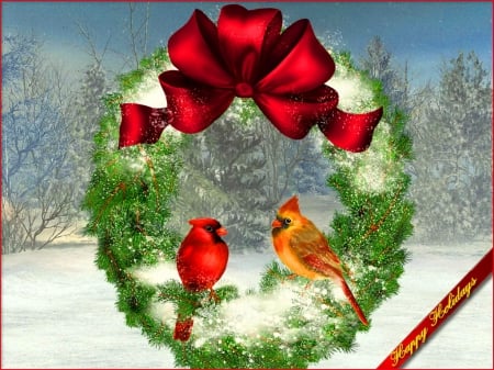 Cardinal wreath - birds, winter, wreath, Cardinals, snow