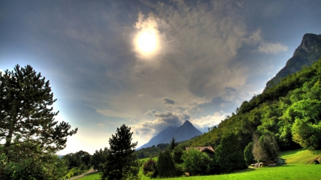 home in a wonderful valley - forest, mountains, clouds, valley, house, sun, grass